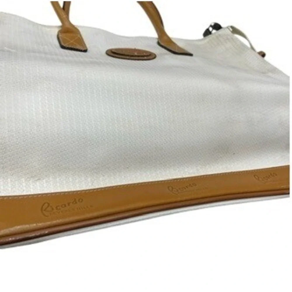 Ricardo Beverly Hills Vintage Tote Bag White Tan‎ Leather Trim Large Travel Zip